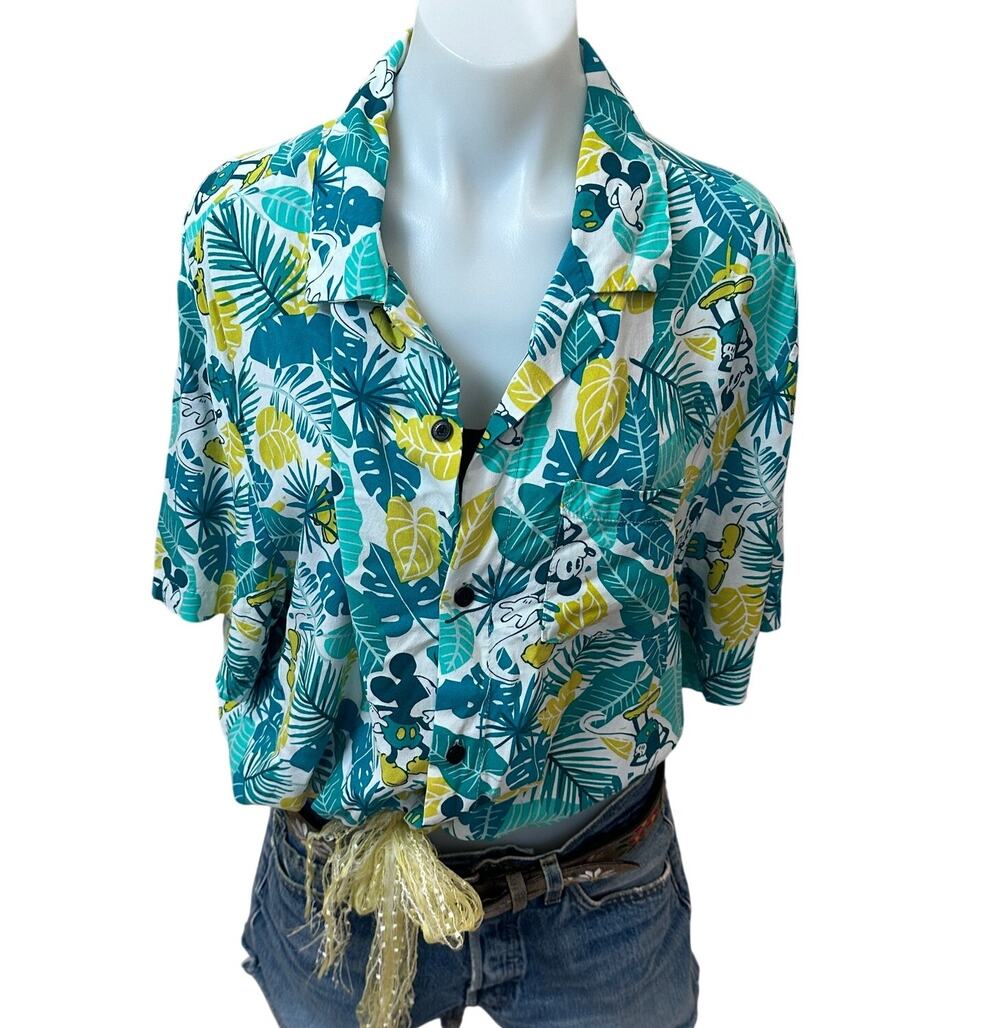 Hawaiian Mickey Mouse Tropical Shirt Button Down Crop Top One Size Oversized